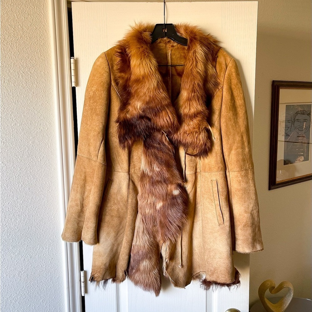 Via Veneto Boho Shearling Coat Spanish‎ Lamb Vintage Fur Trim Tan Small GUC